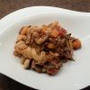 Completed macaroni vegetable casserole on a white plate
