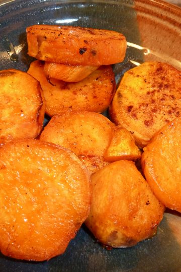 roasted sweet potato slices on serving dish