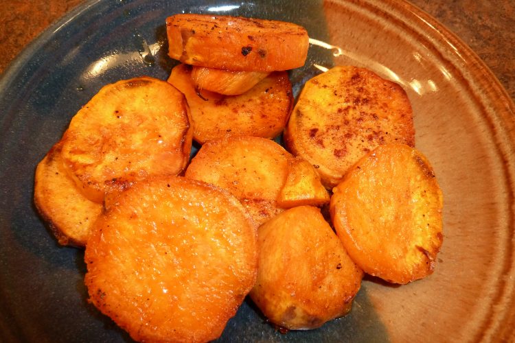 roasted sweet potato slices on serving dish