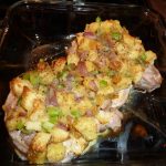 Baked pork chop with bread and celery stuffing