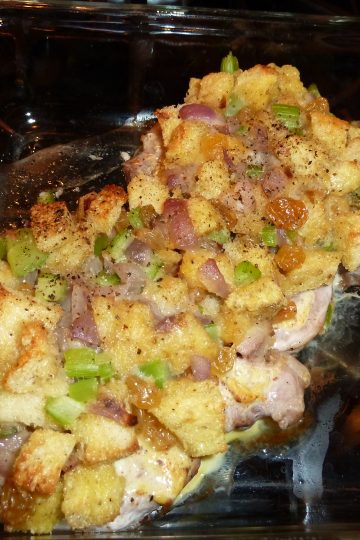Baked pork chop with bread and celery stuffing