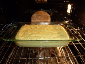 Shows baking pan in the oven