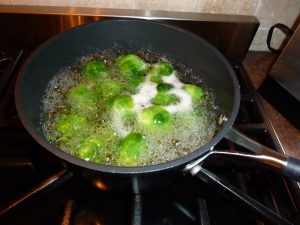 Shows Brussels sprouts boiling