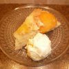 Slice of Peach-Upside Down Cake with ice cream