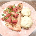 Quick Basil Salmon with mushrooms gratinee on a plate.