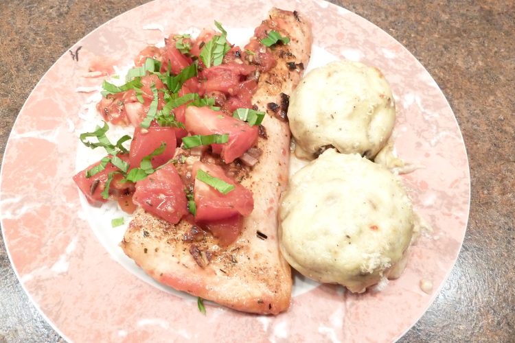 Quick Basil Salmon with mushrooms gratinee on a plate.