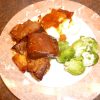 Braised short ribs with sprouts and mashed potatoes